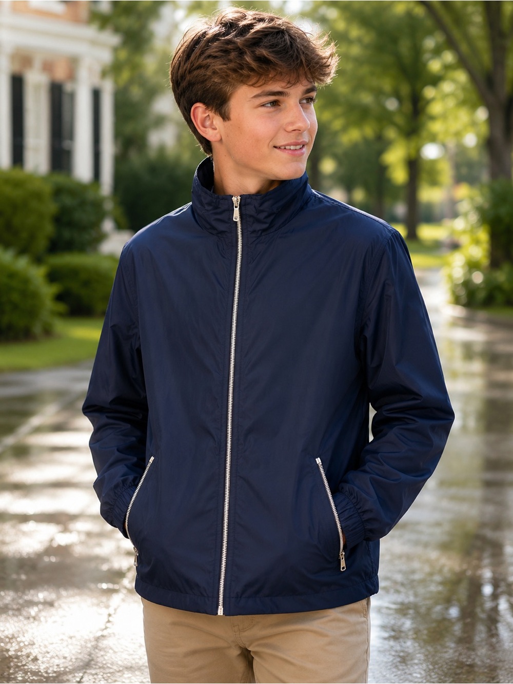 Brooks Brothers Boys Navy Windbreaker Rain Jacket Zip-Out Hood Size XL
